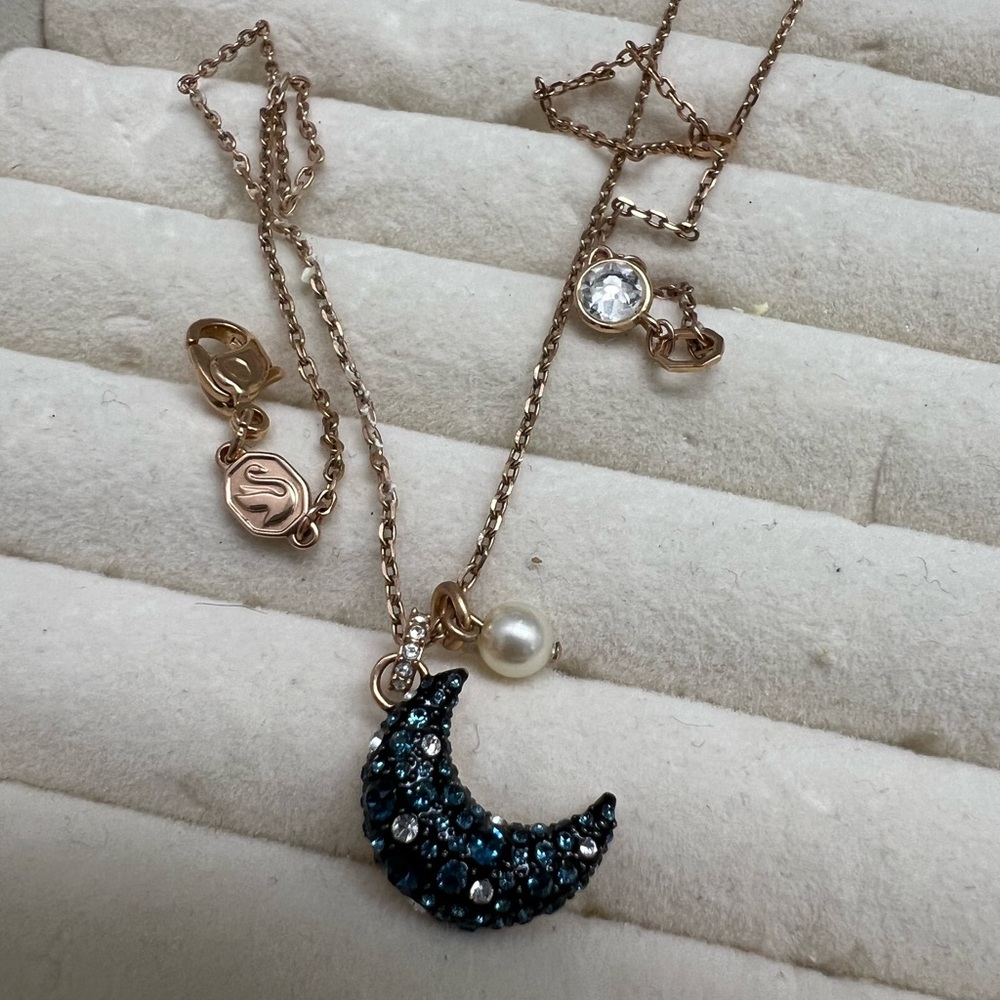 Swarovski Blue and Gold Crescent Moon Necklace